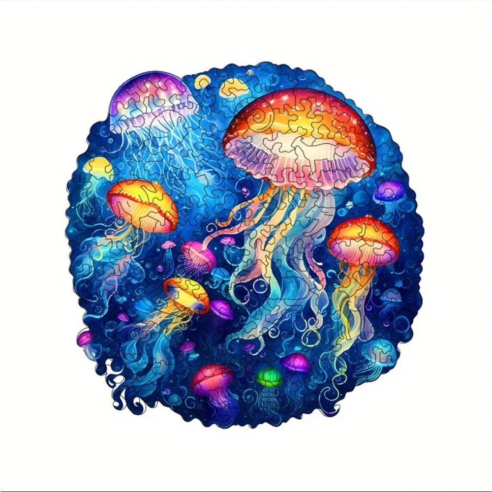 Jellyfish Ocean Sea Wooden Jigsaw Puzzle with animal shaped pieces, Small
